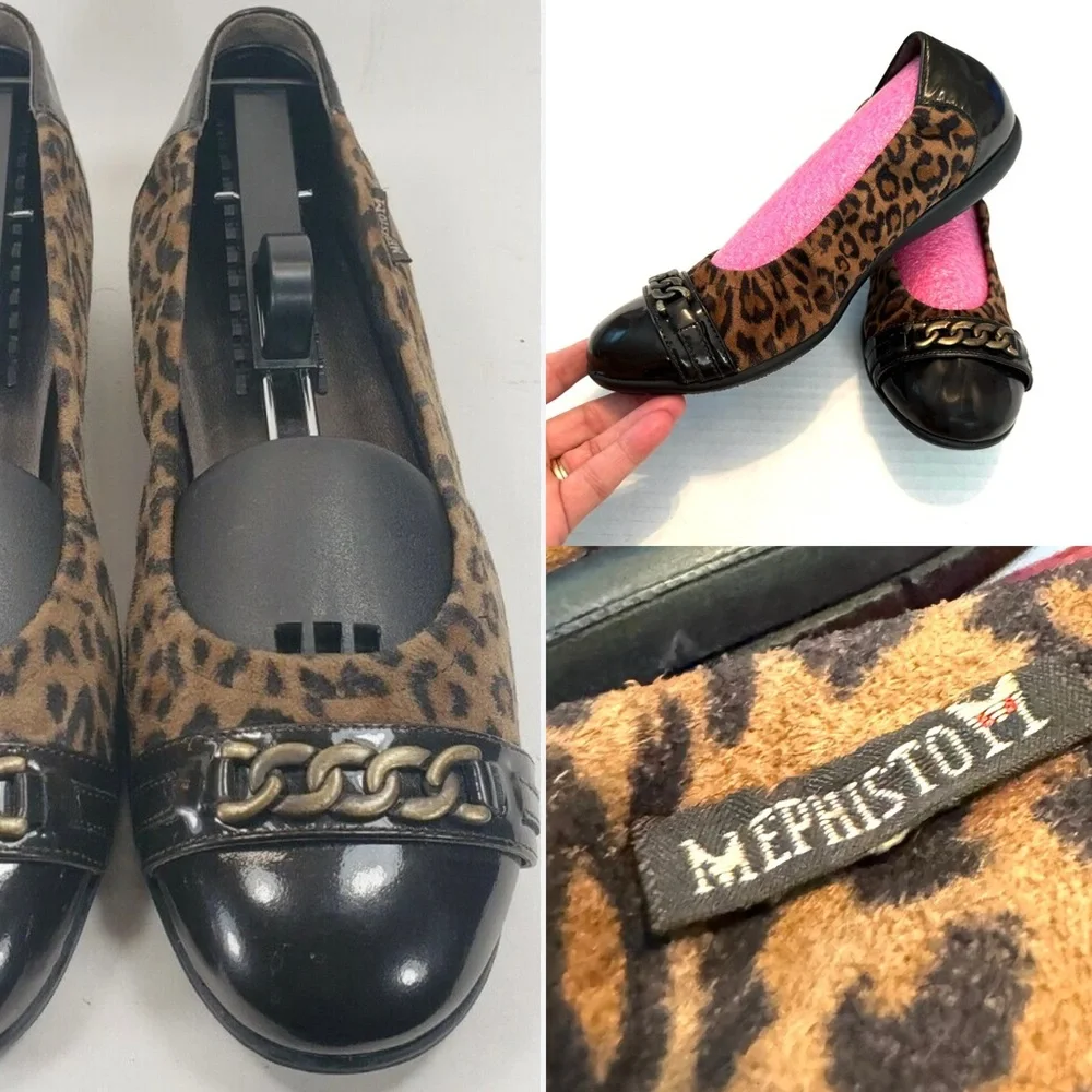Mephisto Ballet Flats 7.5 Brown Cheetah Leather Cap toe slip ons animal Preppy